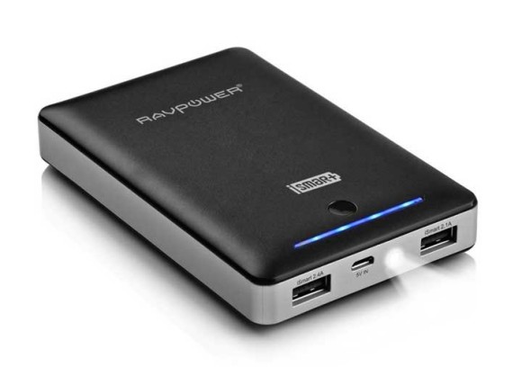 The RAVPower 16000mAh Power Bank with a build in LED torch
