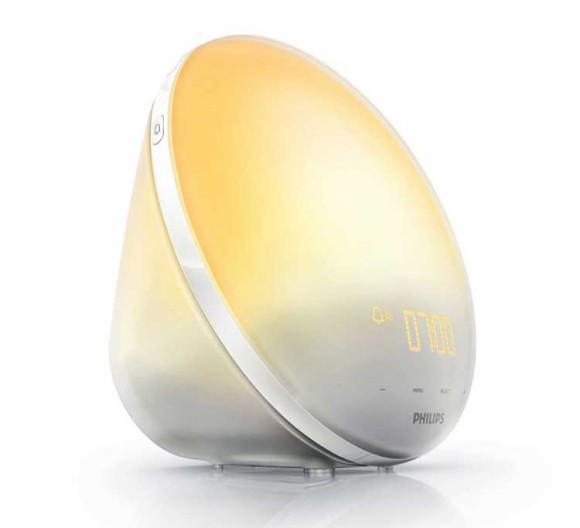 The HF3510 Philip Wake up Light alarm clock featuring an orange to yellow sunrise simulator