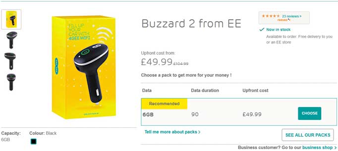 See the latest ee deals on the Buzzard 2 4G dongle for in car WiFi