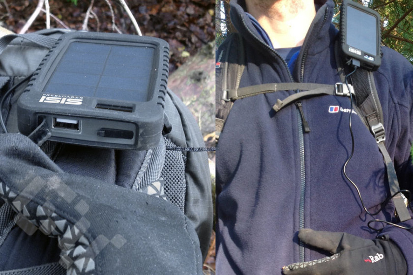 Hiking with the iSIS solar phone charger mounted on my bag strap
