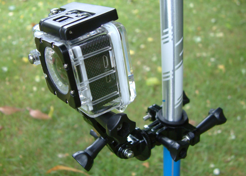 The BlackView 2 Action camera mounted on a hiking pole
