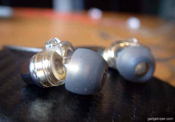 A close up shot of the dual driver earbuds on the GranVela V1's