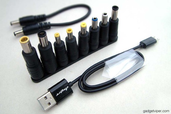 laptop charging plugs and USB cable that comes with the AnyPro portable car jump starter
