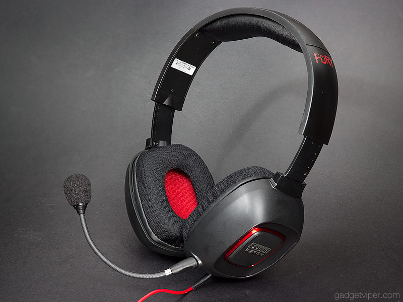 The Creative Sound Blaster Tactic3D Fury with microphone attached