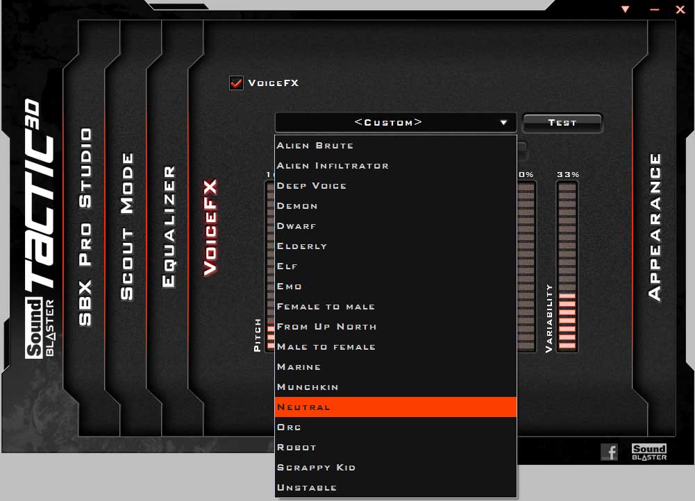 The VoiceFX settings on the Tactics3D Fury gaming headset