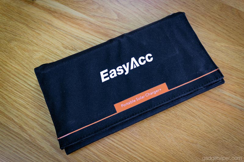 The EasyAcc 28W portable solar charger folded up for storage