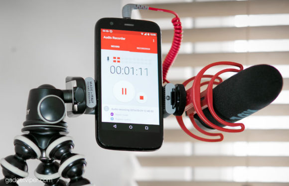 The Manfrotto Twistgrip used to hold a smartphone and RODE microphone