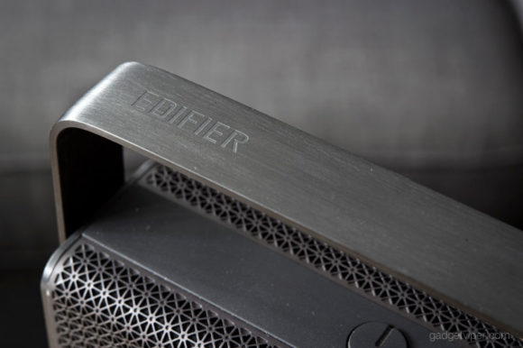 The Edifier logo stamped on the handle of the MP700 portable bluetooth speaker