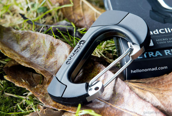 The NomadClip USB carabiner with it's intergrated charging cables hidden inside the body