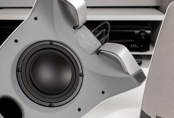 A view of the Subwoofer from underneath on the Edifier Prisma Encore speakers