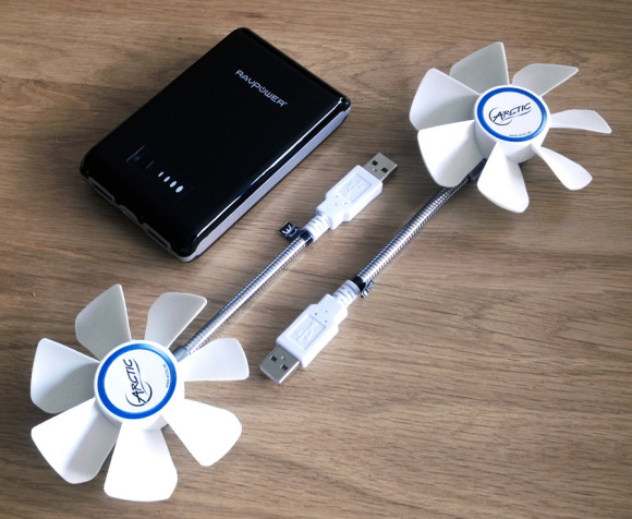 The Arctic Breeze USB fan made portable with a battery pack 