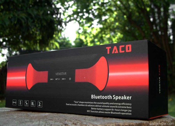 A view of the Taco bluetooth speaker boxed.