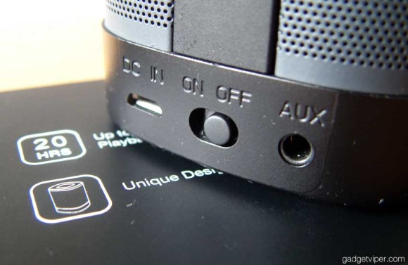 A view of the micro USB and AUX ports on the rear of the EasyAcc bluetooth speaker