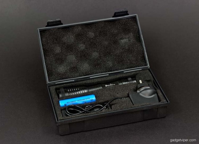 The MD50 flashlight and accessories in it's product box