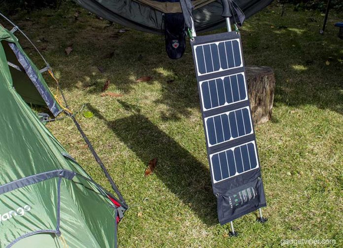 The 24W RavPower solar charging with the four solar panels unfolded