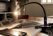 Aglaia Gooseneck LED Clamp Light – An Efficient Dimmable Clip-on Lamp The Aglaia clamp light with an adjustable gooseneck and an energy efficient mains powered 4W dimmable LED light